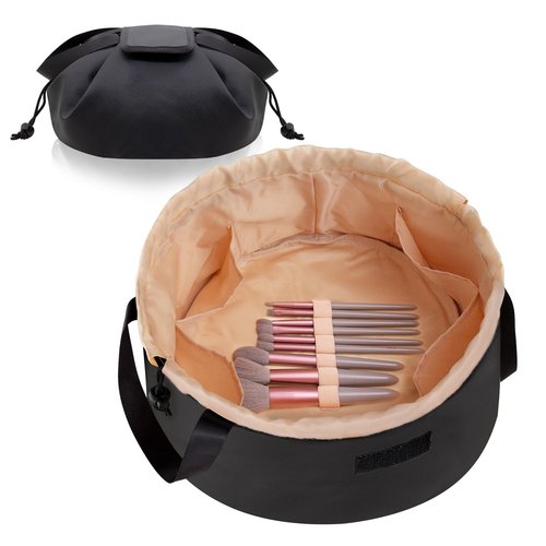 FANGENKE Women's Day-Drawstring Makeup Organizer Bag,Large Lay Makeup Bag,Portable Waterproof Leather Travel Bags - Durable, Machine Washable Toiletry Bag (Black Large)