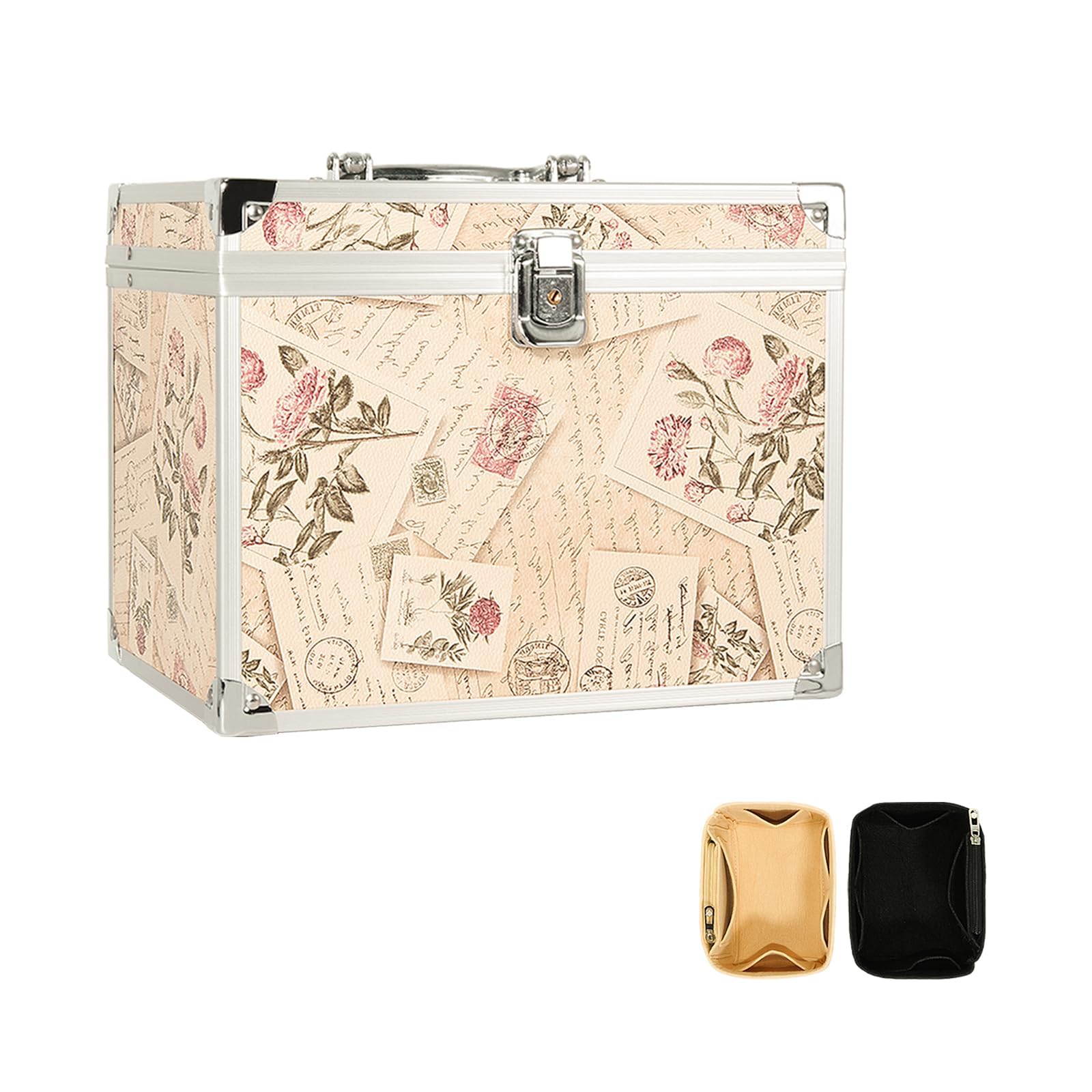VNIMTI Makeup Train Case, Portable Makeup Box with Mirror, Cosmetic Storage Box for Women with Trays, Makeup Box Organizer (Vintage Stamp - Box -Size L)