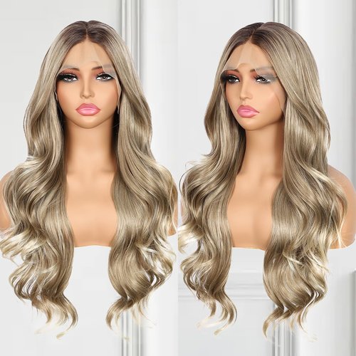 BABEHERS Ash blonde Lace Front Wig for Women 13x4 Body Wave Synthetic lace Front Wigs Omber Pre-plucked Long Wavy 150% Density Heat Resistant Hair Daily Use 26 Inch