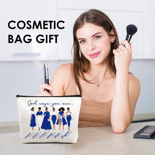 VeloKomo Sorority Gifts Makeup Bag - Blue Waterproof Linen Cosmetic Bags Portable Travel Party Accessories Toiletry Pouch Appreciation Christmas Birthday Gift for Women Girls Friend Bestie Coworker