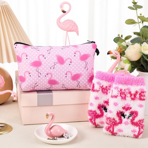 Newtay 3 Pcs Valentines Day Gifts for Women, Ring Holder Makeup Bag Fuzzy Socks with Grippers, Cute Gifts for Holiday(Flamingo)