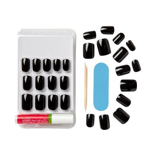 KISS Gel Fantasy Press On Nails - 'Aim High' Black Squoval Shape | Includes 28 Nails & Glue