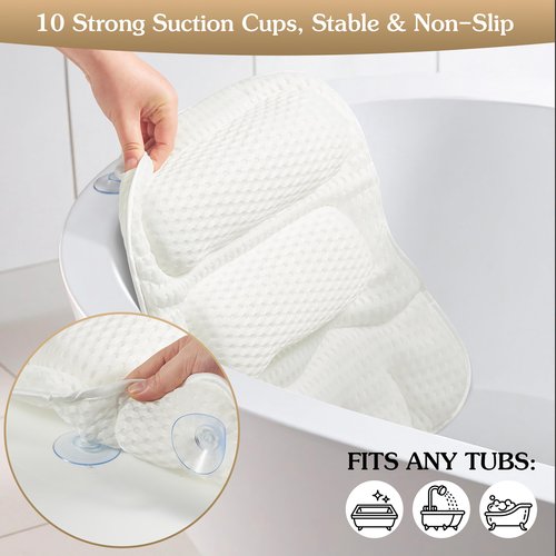 Suvast Luxury Bath Pillow for Tub, Dual Headrest & Back Support, 4D Air Mesh Quick-Dry Cushion, 10 Strong Suction Cups, Extra-Large Spa Bathtub Pillow Gift for Women(White)