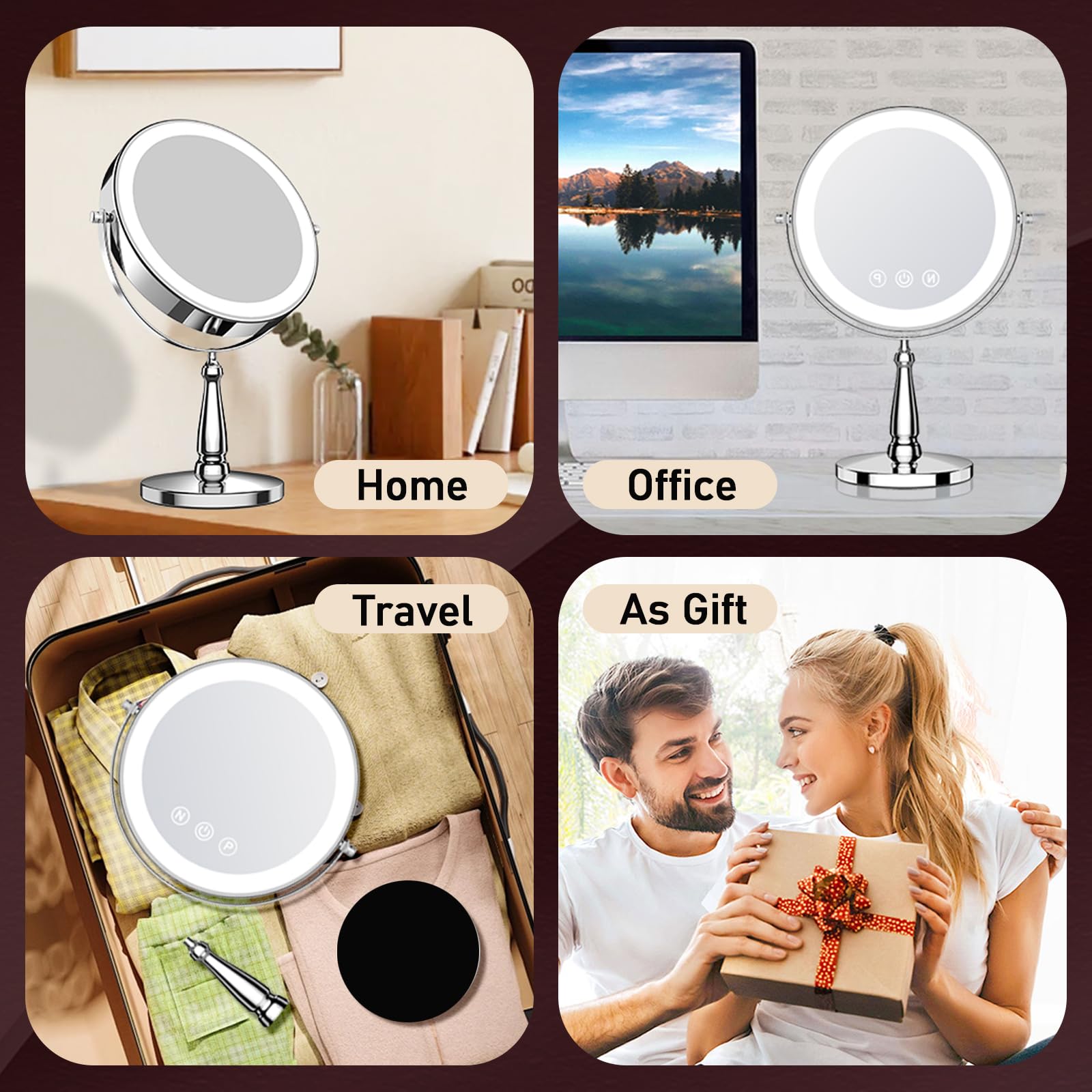 WOOCICA Vanity Mirror with Lights, 9'' Lighted Makeup Mirror, 1X/20X Double Sided Magnifying Mirror, 5000mAh Rechargeable, 3 Color Dimmable LED, 360° Rotation Desk Mirror for Makeup & Skincare