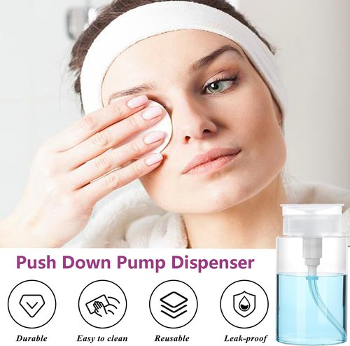Push Down Pump Dispenser, 6.8oz Clear Pump Bottles with Alcohol, Acetone, Nail Polish Remover, Makeup Remover, Toner Stickers Empty Push Top Container for Liquid (200ml-4Pack)