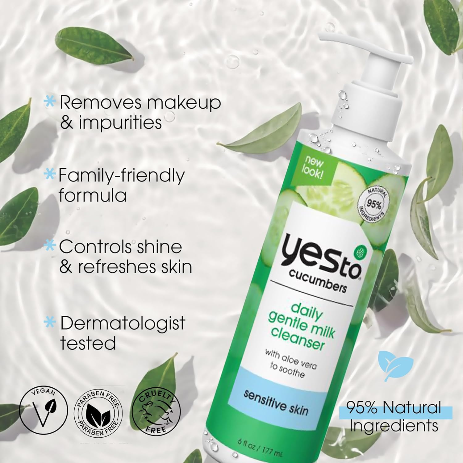 Yes To Cucumbers Daily Gentle Milk Cleanser - Soothing Vegan Face Wash with Cucumber Extract, 6 Fl Oz