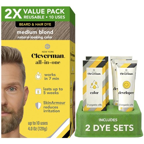 2X Reusable Hair & Beard Dye for Men – Medium Blond | Up to 10 Uses, 7 Minutes | Natural Gray Coverage, No-Drip Cream with SkinArmour® – Cleverman