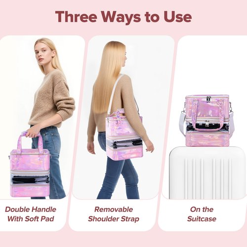 Nail Polish Organizer Case, 3 Layers Removable Nail Polish Storage Bag Holds 60 Bottles and Nail Lamp with Shoulder Strap Portable Holographic PU Leather Nail Kit Storage for Manicure Tools (Pink)