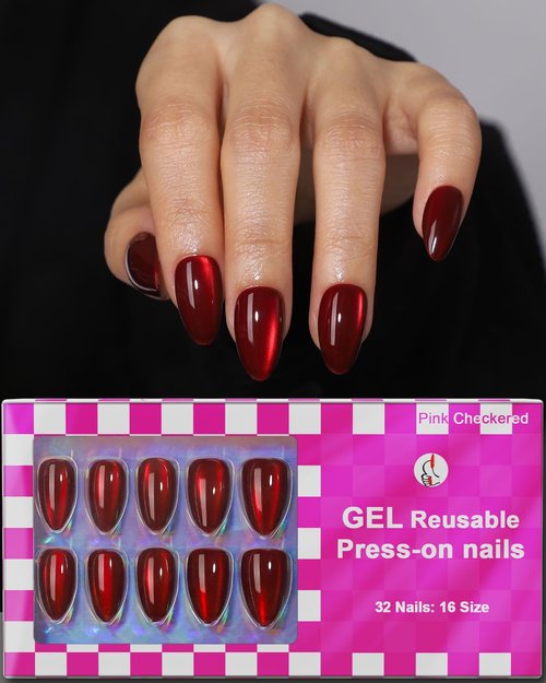 OIFEN Burgundy Red Cat Eye Press on Almond Nails Short 16 Sizes Glass Glossy Gel Fake Manicure with Glue & Stick