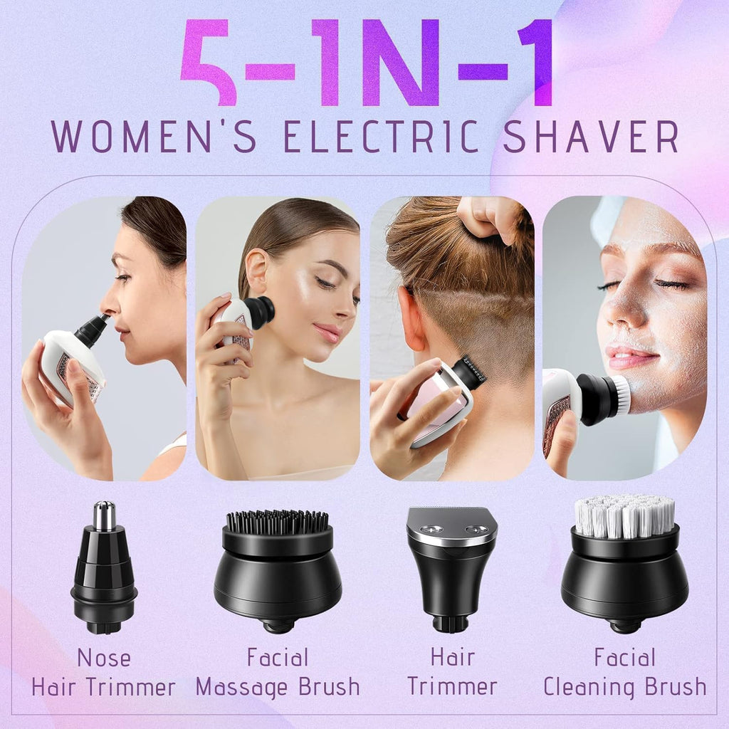 Wyklaus Electric Razors for Women Legs: 5-in-1 Rechargeable Electric Shavers for Body - Waterproof Wet Dry Hair Remover for Lady Face Underarms Public Valentine's Day Gifts (Light Pink)