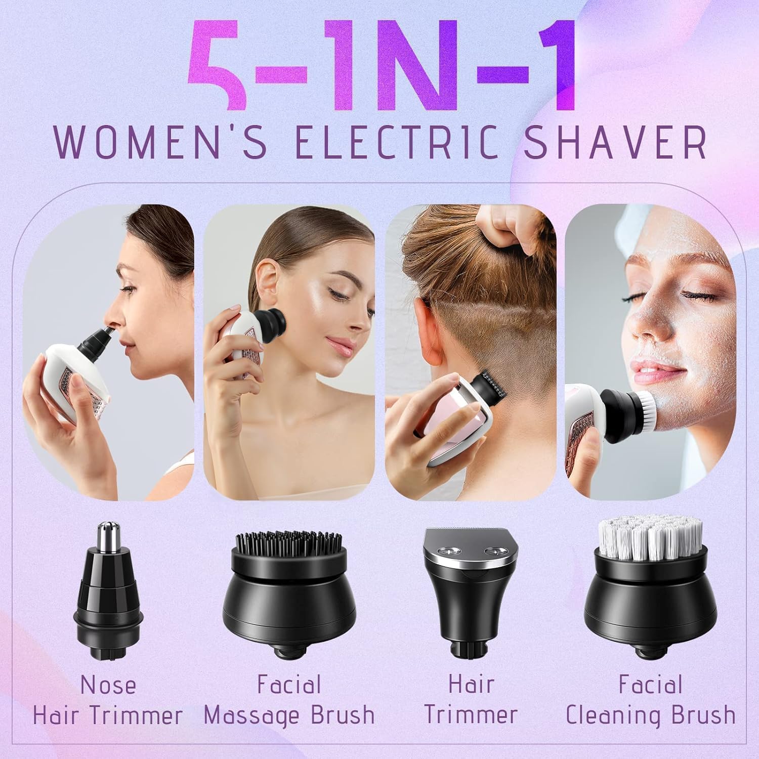 Wyklaus Electric Razors for Women Legs: 5-in-1 Rechargeable Electric Shavers for Body - Waterproof Wet Dry Hair Remover for Lady Face Underarms Public Valentine's Day Gifts (Light Pink)