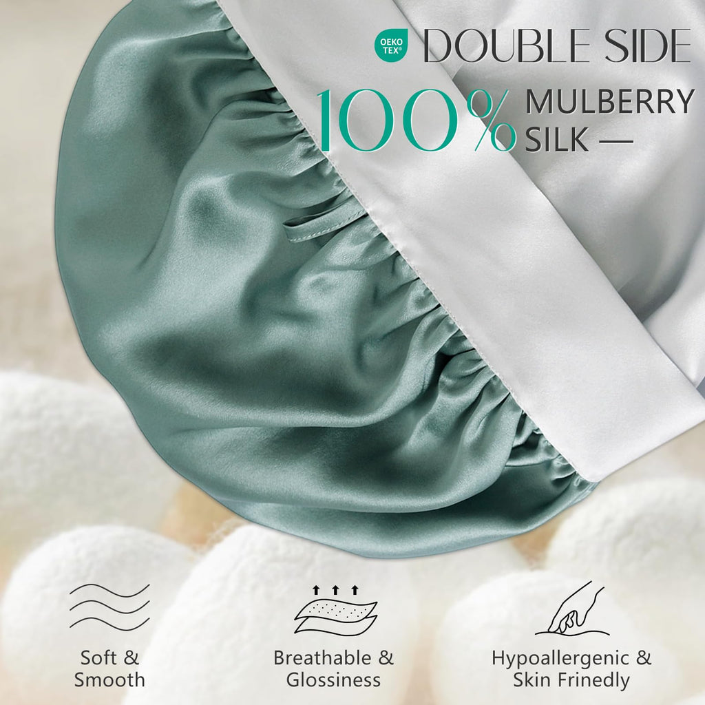 ZIMASILK 100% Mulberry Silk Bonnet for Sleeping Women Double-Layered Breathable Hair Wrap with Silk Tie Band - Reducing Hair Friction (1Pc, Grayish Green)