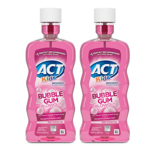 ACT Kids Anticavity Fluoride Mouthwash, Sugar & Alcohol Free Mouth Rinse Strengthens Teeth, Bubble Gum Blowout, 16.9 fl. oz., 2pk