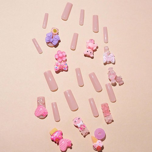 Press on Nails Long Square Summer Fake Nails Pink Full Cover False Nails with Cute 5D Heart Bear Charm Designs Glossy Glue on Acrylic Nails for Women Girls 24 Pcs