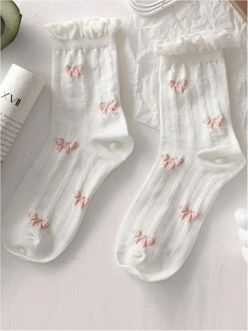 SHENHE Women's Cute Ruffle Crew Socks - 5 Pairs with Bow Print | Knitted Mid Calf Design