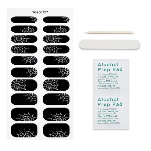 JMEOWIO Semi Cured Gel Nail Strips Halloween Black Gel Nail Stickers Nails Art Design Decoration Accessories