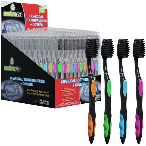 natraco Charcoal Bulk Toothbrushes Individually Wrapped - Deep Clean Charcoal Infused Soft Bristle – Multi Colored Tooth Brush with Covers - for Travel, Kids, Family, Dental Care Etc. 100 Count