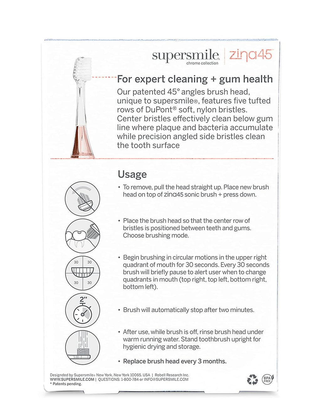 Supersmile Zina45 Sonic Pulse Toothbrush Replacement Brush Heads - Optimal Cleaning & Freshness