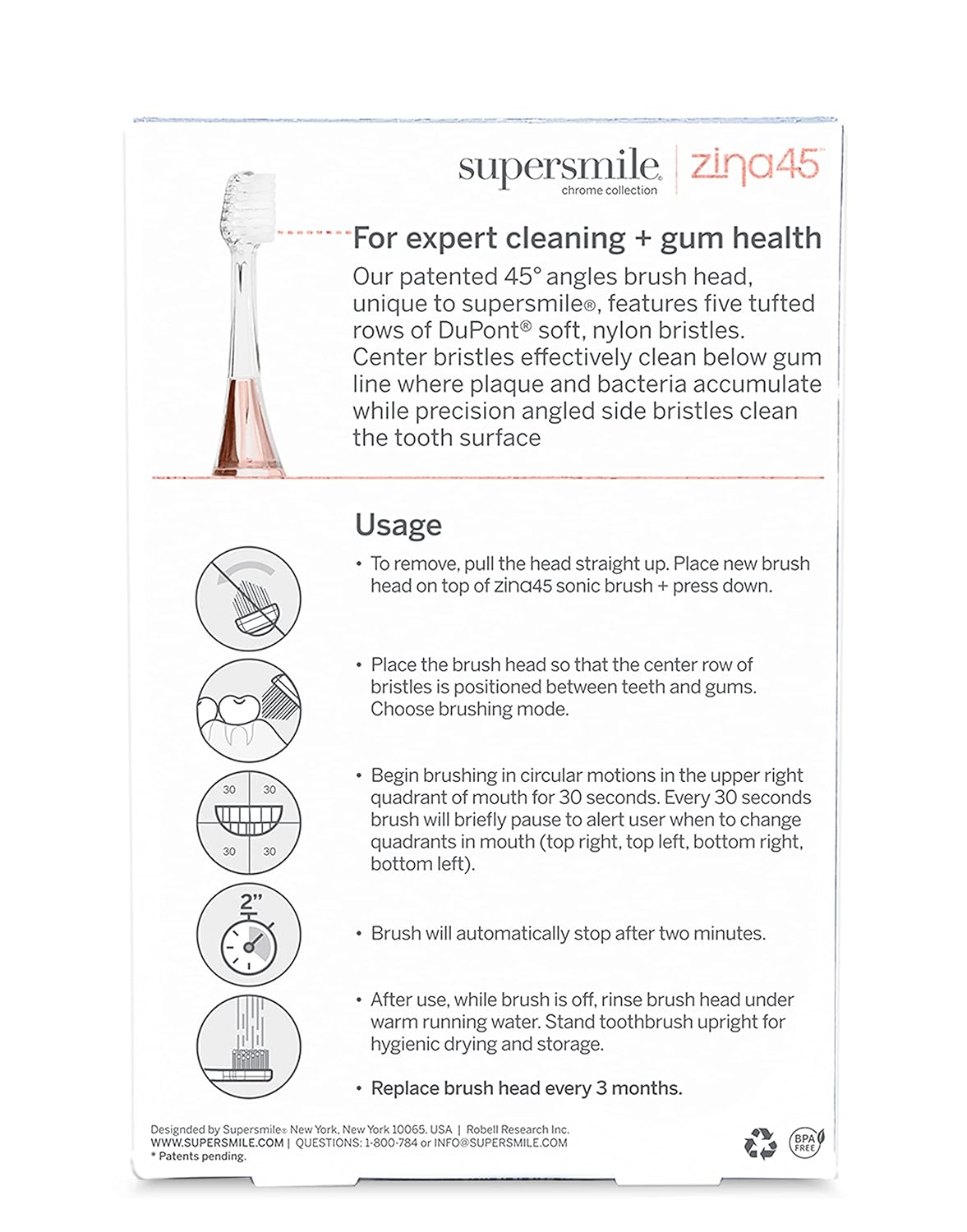 Supersmile Zina45 Sonic Pulse Toothbrush Replacement Brush Heads - Optimal Cleaning & Freshness