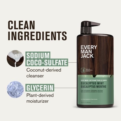 Every Man Jack Eucalyptus Mint Hydrating Mens Body Wash for All Skin Types - Cleanse, Nourish, and Hydrate Skin with Naturally Derived Ingredients - Paraben Free, Phthalate Free, Dye Free - 33.8oz