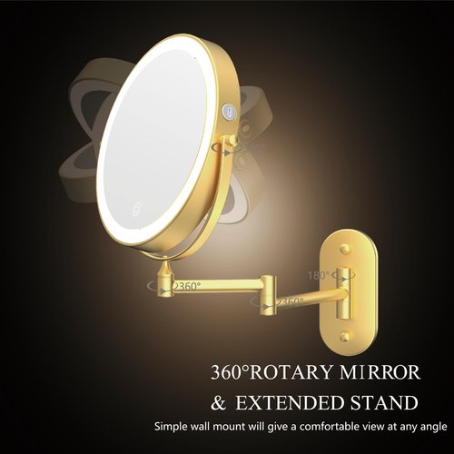 MIROAMZ Rechargeable Wall Mounted Lighted Makeup Vanity Mirror 9 Inch Double Sided 1X 10X Magnifying Bathroom Mirror, 3 Color Lighting, Touch Screen Dimming, 360 Rotation Shaving Mirror Gold