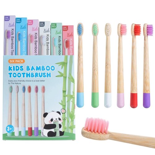 BlueForest Era Kids Bamboo Toothbrushes Set, BPA Free Soft PBT Bristles, Natural Eco Friendly Wooden Tooth Brush for Children Toddler, Biodegradable Individual Wrap Travel Toothbrush 6 Pack
