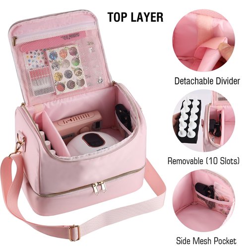 GR69N Nail Polish Organizer Case,Nail Polish Holder Holds 1 Nail Lamp & 50 Bottles,Nail Tech Travel Case,Waterproof Nail Kit Organizer Bag Fits Nail Supplies & Manicure Tools (Pink)