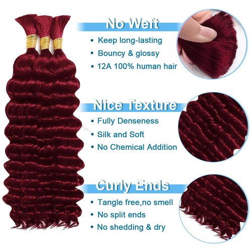 CIFENDIN Human Braiding Hair for Boho Braids 110g 16 Inch Burgundy Curly Boho Hair for Braiding Knotless 12A Deep Wave Wet and Wavy Bulk Bohemian 3 Bundles/Pack Color 99J