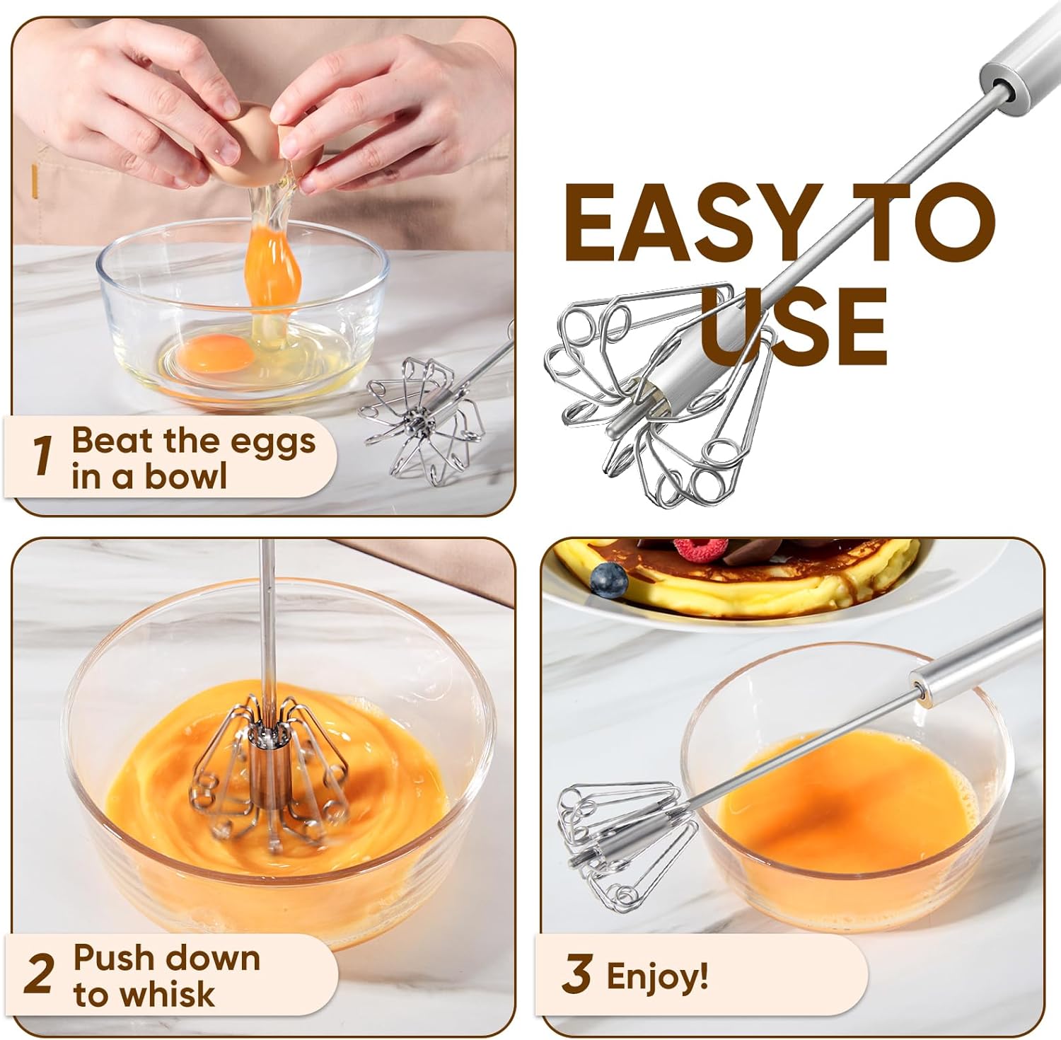 Whizzy Whisk - Stainless Steel Egg Whisk | Versatile Hand Push Rotary Blender (12in)