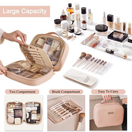 BAKLUCK Travel Makeup Bag Large Capacity Transparent Double Sided Cosmetic Bags with Makeup Brush Compartment- PU Waterproof Leather Makeup Toiletry Organizer Bag for Women,Pink