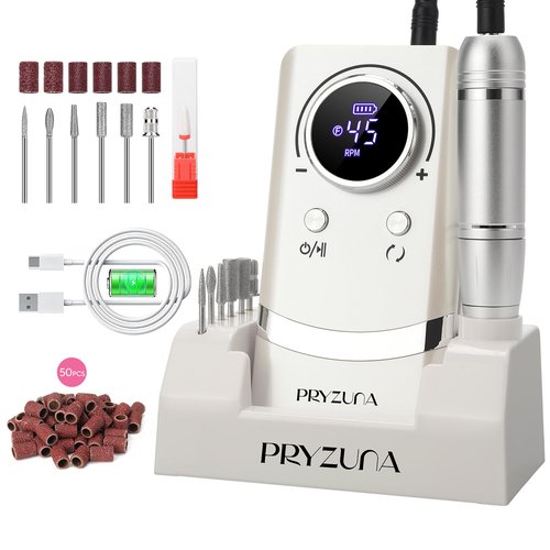 Professional Electric Nail Drill File 45000RPM, Cordless Nail E-File Machine with 7 Drill Bits, 56 Sanding Bands & Base, Portable Rechargeable Nail Drills for Acrylic Nails Gel Polishing (White)