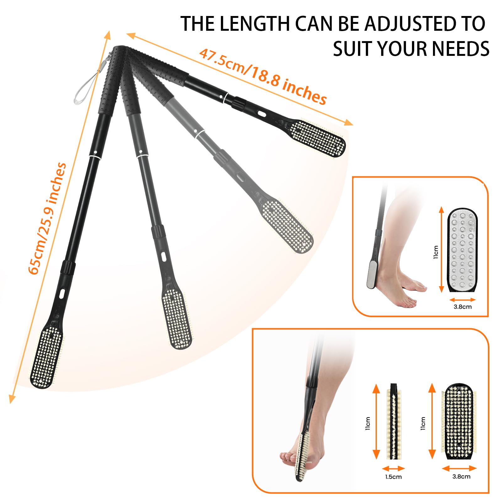 VIVEBEI Long Handle Foot Scrubber with Toe Gap Cleaner, 18.8" - 25.9" Telescopic Toe Cleaning Brush, Foot File Callus Remover for Men, Women and Seniors