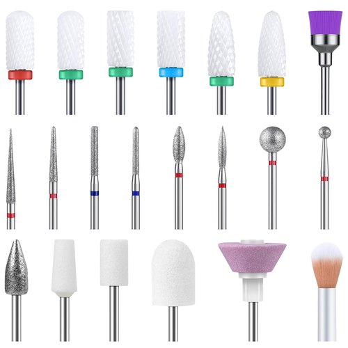 MelodySusie 21pcs Nail Drill Bit Set, Professional 3/32'' Ceramic Diamond Carbide Acrylic Gel Nail Art Tool Kit, Cuticle Remover Bit for Acrylic Gel Dip Powder, Nail Manicure Pedicure, Salon Home