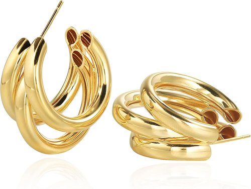 Skiennix Chunky Gold Hoop Earrings - 14k Gold Plated Triple Hoops | Hypoallergenic & Trendy Jewelry for Women