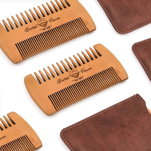 Menesia Wooden Beard Combs with Cases - Fine & Coarse Teeth, Pocket Comb for Beards, Mustaches & Hair, Brown Skull Design