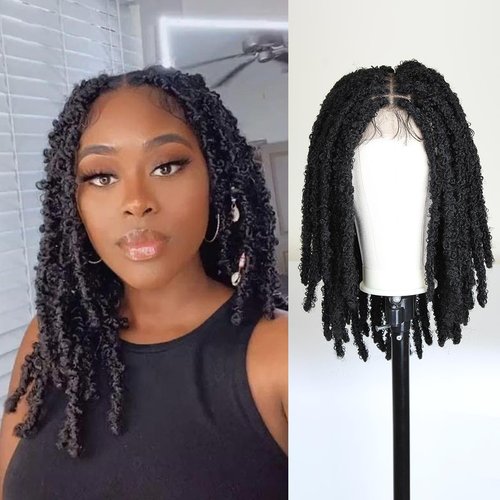 lounoke 18 inch Criss Cross Thick Butterfly Locs Wig Full Double Lace Knotless Popcorn Twist Locs Braided Wig for Women 3D Pop Butterfly Loc Twist Braids