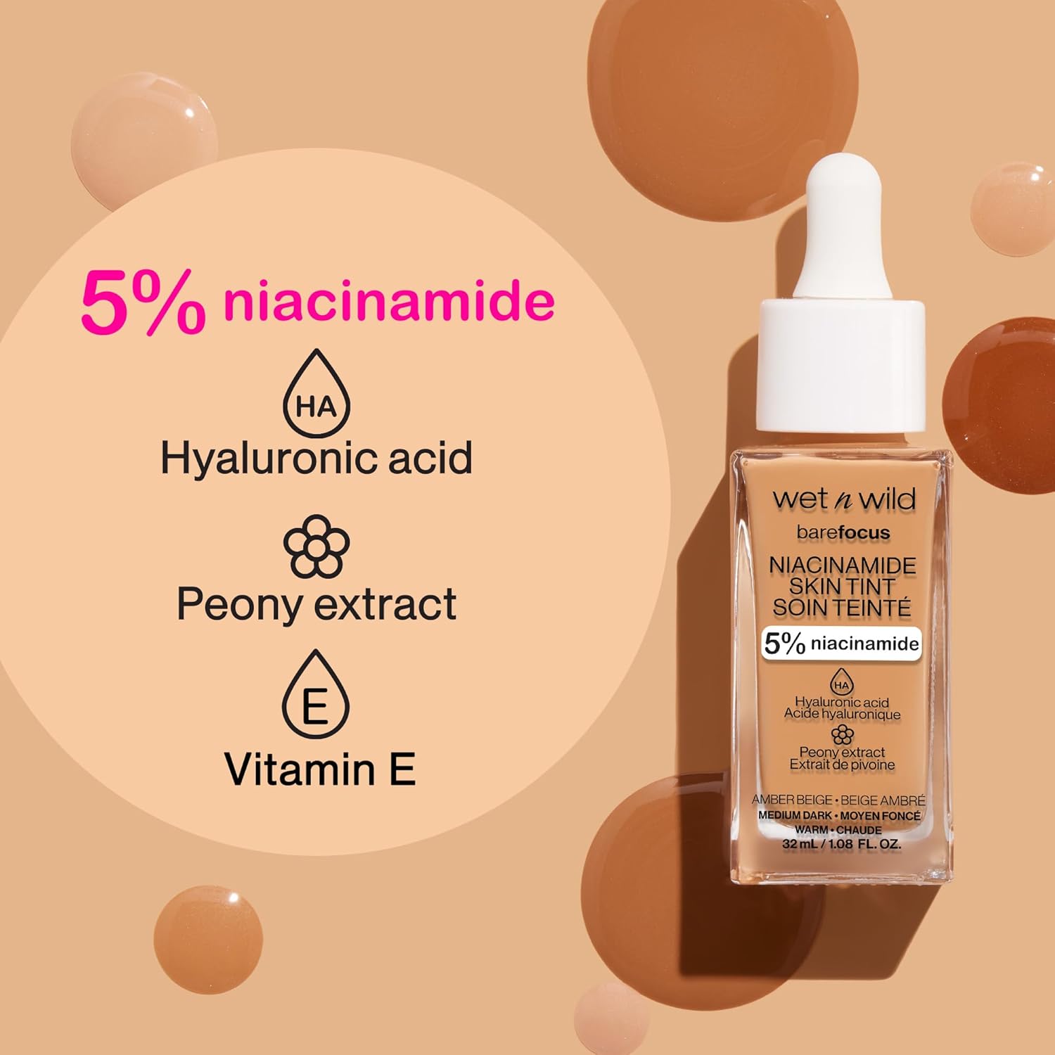 Wet n Wild Bare Focus Skin Tint - 5% Niacinamide, Buildable Sheer Coverage, Natural Radiant Finish | Peach Ivory