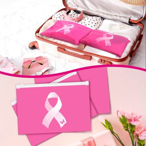 100 Pieces Breast Cancer Awareness Makeup Bags Bulk Pink Ribbon Cosmetic Pouches Breast Cancer Survivor Gifts for Woman Girls Multi Purpose Zipper Eva Waterproof Toiletry Pouch Bags (Classic Style)