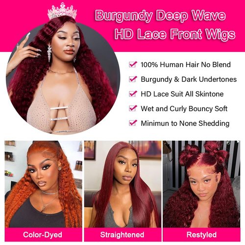 Skiennix 24-Inch Burgundy Deep Wave Wig - 13x4 HD Transparent Lace Front, 180 Density, Pre-Plucked