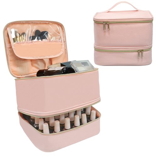 LIVEBAY Nail Polish Organizer Case, Double-Layer Nail Supplies Organizer Holds 30 Bottles & Nail Lamp, Professional Nail Kit Storage Makeup Carrying Case (Pink)