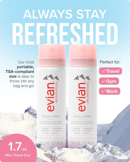 Evian Facial Spray 1.7 oz - Hydrating Mineral Water Mist for Refreshing Makeup & Toning Skin - TSA-Approved Travel Size