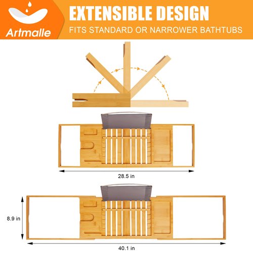 Artmalle Luxury Bathtub Caddy Tray for Tub - Foldable Bamboo Bath Table Tray with Book and Wine Glass Holder, Expandable Bathroom Accessories for Spa or Reading Lite Style