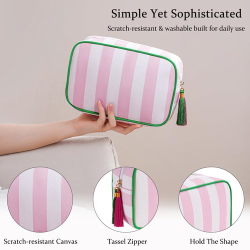 RSRSLEII Large Stripe Canvas Zipper Makeup Bag,Aesthetic Tassel Travel Cosmetic Bag,Coquette Toiletry Bag, Girls Handbags Purses,Accessories Storage Bag for Women Girls (Pink)