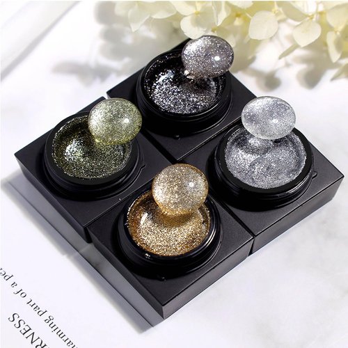 Silver Metal Glitter Gel Nail Polish 4 Colors Painted Metal Platinum Drawing Gel Polish Gold Silver Black Glitter Nail Polish Liner Sparkling Soak Off Gel for DIY Painting Nail Art Gel