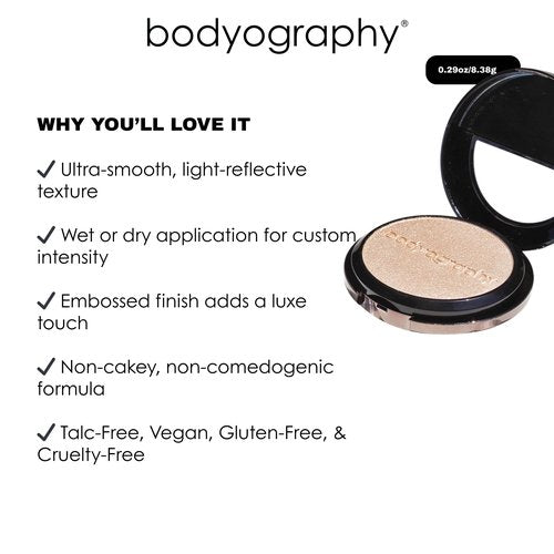 Bodyography Highlighter Pressed Powder, From Within | Universal Shade Powder Compact for Face, Eyes & Body | Buildable Wet or Dry Application | Silky, Finely Milled, Long-Wear Glow for All Skin Tones