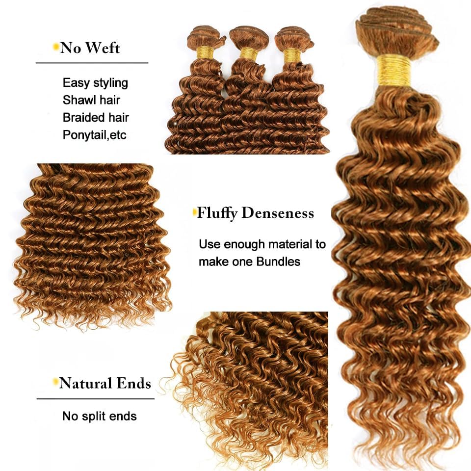 Xddnamei Augfst Virgin Weave Human Hair Bundles 300g Color 30 Light Brown Deep Wave Bundles Human Hair 10 12 14 Inch 11A Unprocessed Soft Sewn In Quick Weave Hair Bundles for Black Women