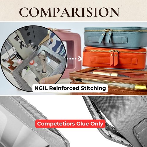 NGIL Clear Faux Leather Travel Toiletry Bag, Makeup Bag Organizer for Women, Clear Window & Gold Zipper Makeup Bag, Road Trip Essential, Skincare, Cruise Ship Essentials (Brown)