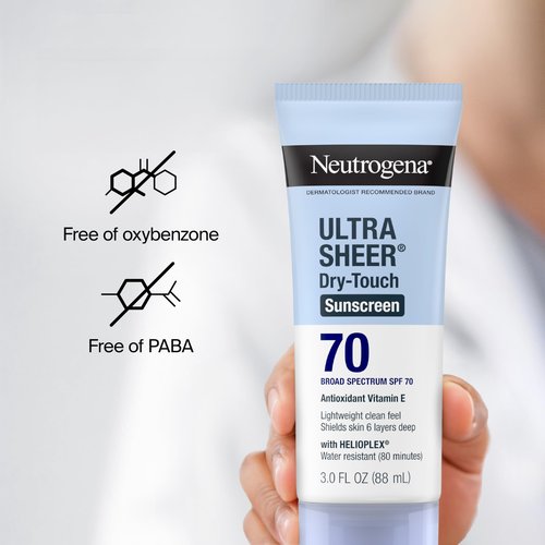 Neutrogena Ultra Sheer Dry-Touch Sunscreen For Face & Body, SPF 70 Broad Spectrum UVA/UVB Protection, Lightweight Water Resistant & Non-Greasy, Travel Size Sunscreen, 3 fl. oz (Pack of 3)