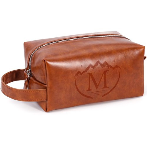 BagUrshion Toiletry Bag for Men,Mens Travel Toiletry Organizer,Personalized Men's Travel Essentials,Water Resistant PU Leather Shaving Bag for Dad Husband Boyfriend, Birthday Gifts for Him,Brown - M
