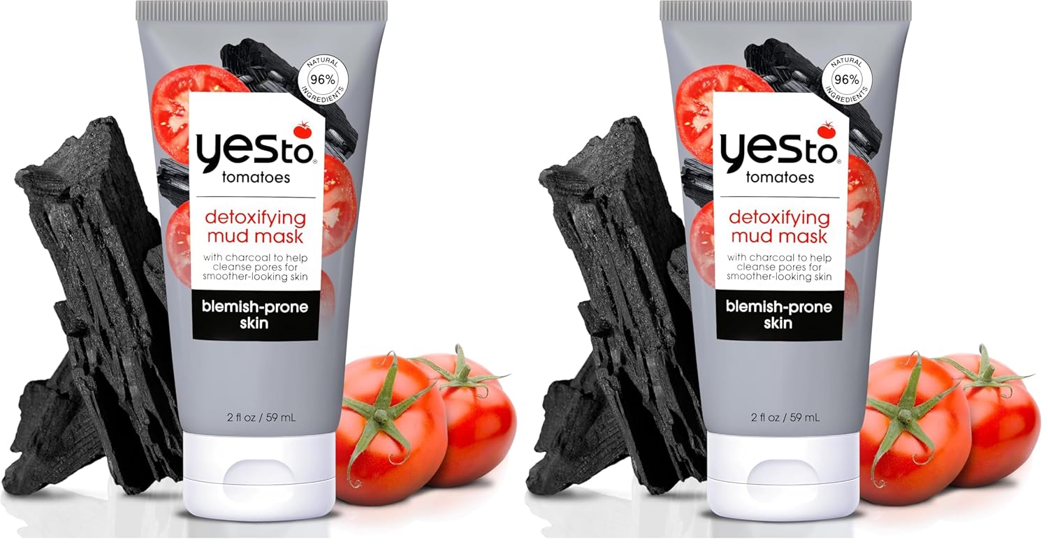Yes To Tomatoes Charcoal Mud Mask - Detoxify Acne-Prone Skin with Salicylic Acid | 2.006 Fl Oz (Pack of 2)